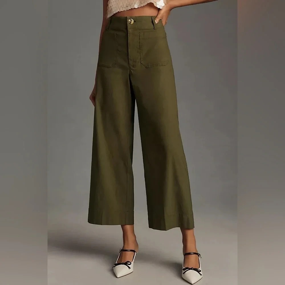 Anthropologie Maeve Colette Wide-Leg Crop Pants Linen Blend Olive Green 25P $120